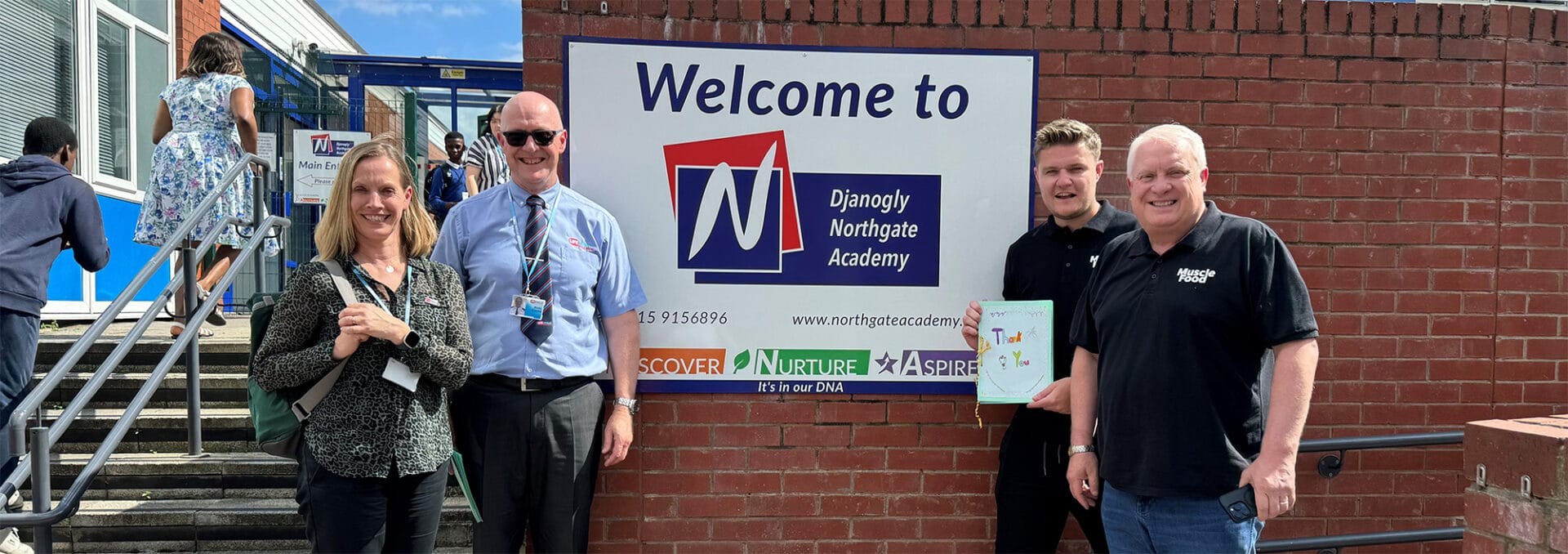 Muscle Food celebrating their sponsorship of Djanogly Northgate Academy with Life Skills CEO and Senior DAaRT Officer. - Support Life Skills Education's Work