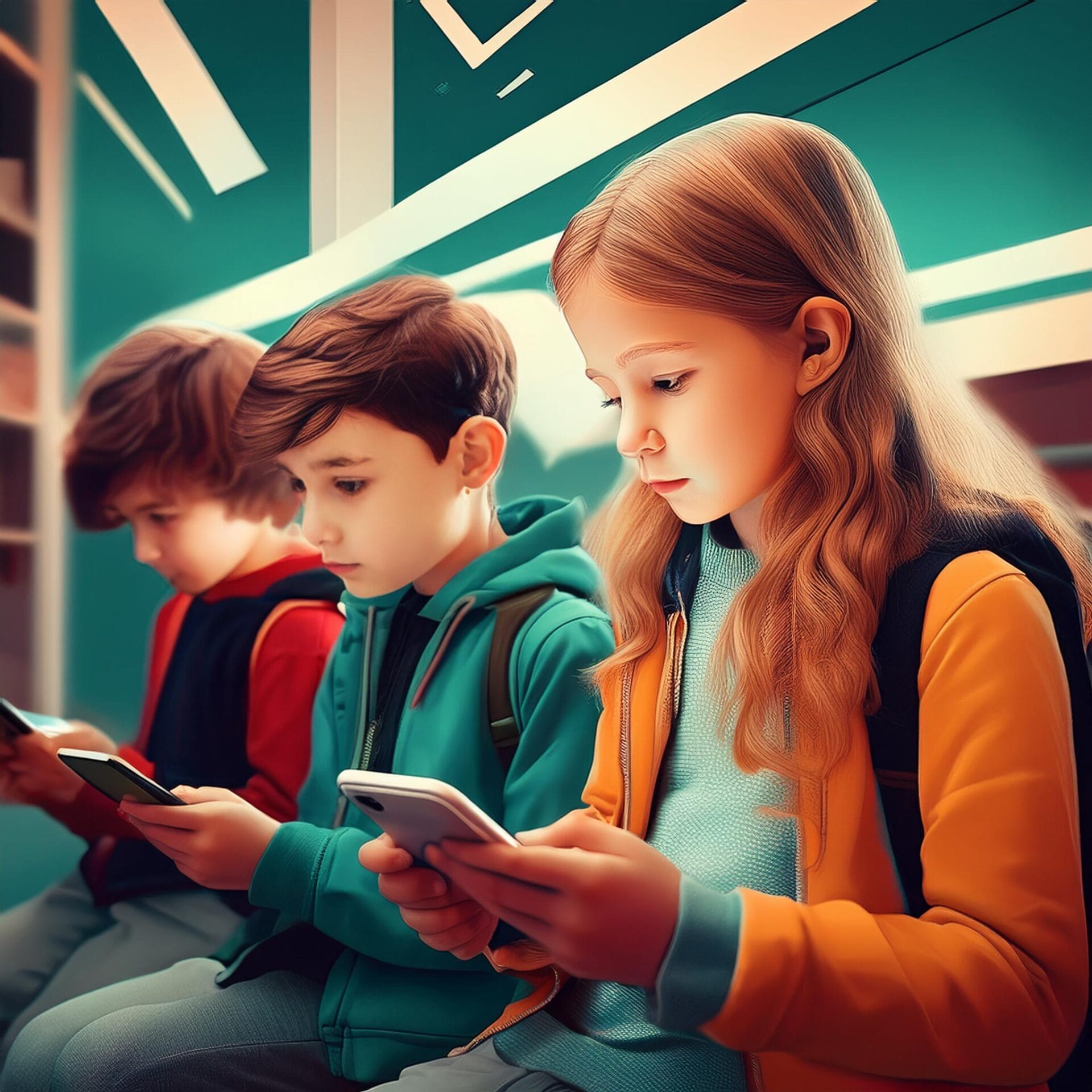 Kids on a train totally imersed in their phones