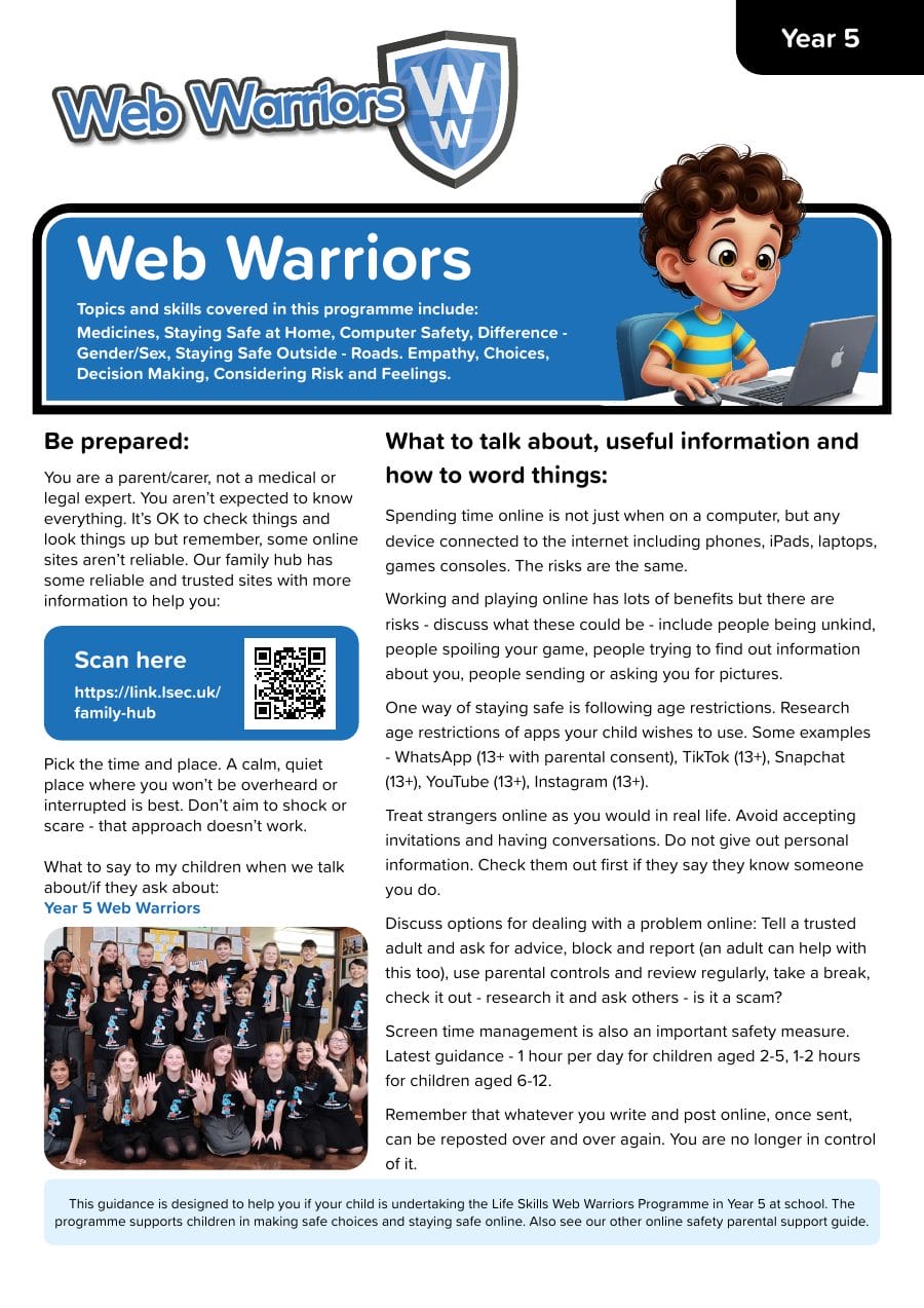 Preview of the Web Warriors Year 5 guidance sheet