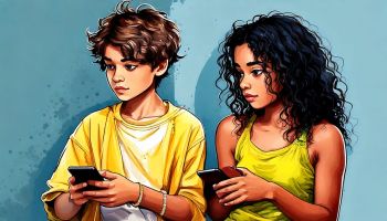 Two children looking at their mobiles