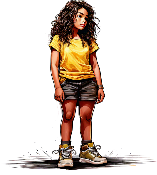Girl stood, looking a bit sad and reflective