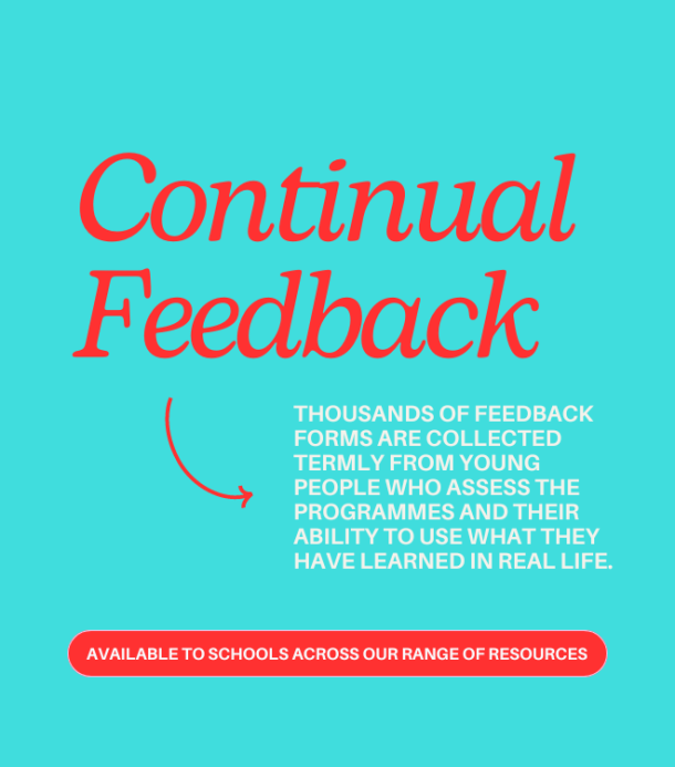 Continual feedback.  Thousands of feedback forms are collected termly from young people who assess the programmes and their ability to use what they have learned in real life. Available to schools across our range of resources.  Evaluations that have proven impact.
