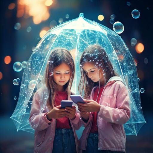 Two girls prtected under a brolley, looking at their phones