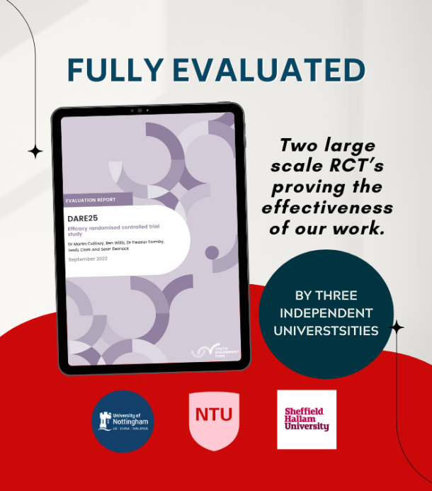 Fully evaluated - 2 large scale RCT's proving the effectiveness of our work, by Three universities - NottinghamUni, Nottingham Trent and Shefiield Hallam.  Evaluations that have proven impact.