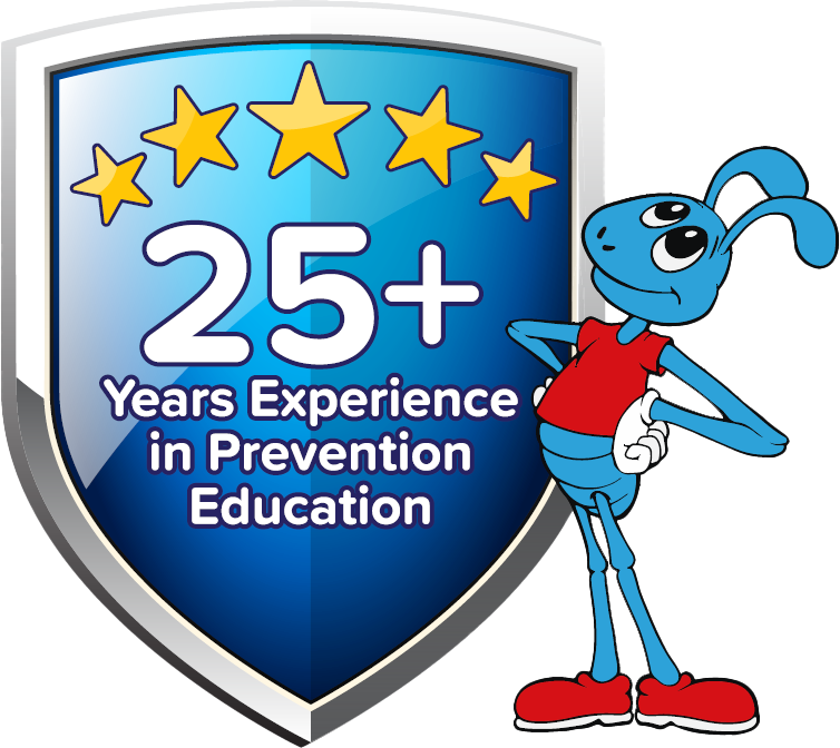 25+ Years in prevention education - text on a shield looked upon by Resili-Ant, our charity mascot.  A blue ant, standing on 2 legs with a red t-shirt and shoes.